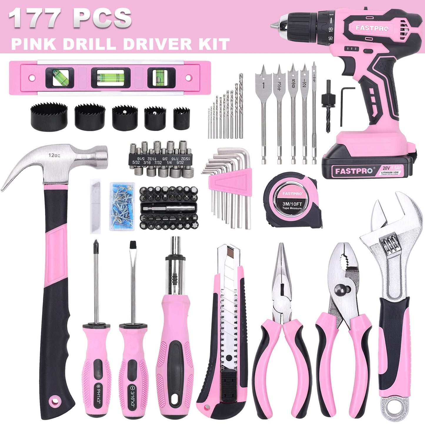FASTPRO 177-Piece 20V Pink Cordless Lithium-ion Drill Driver and Home Tool Set, Lady's Home Repairing Tool Kit with Drill in Storage Case