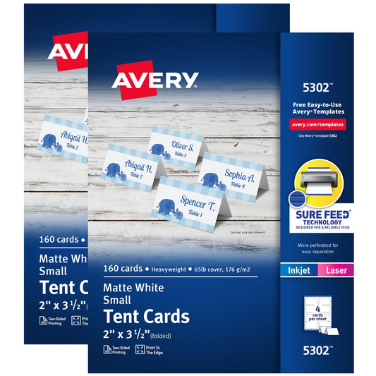Avery Printable Tent Cards with Sure Feed Technology, 2" x 3.5", Matte White, 2-Pack, Total of 320 Blank Place Cards for Laser or Inkjet Printers (5812)