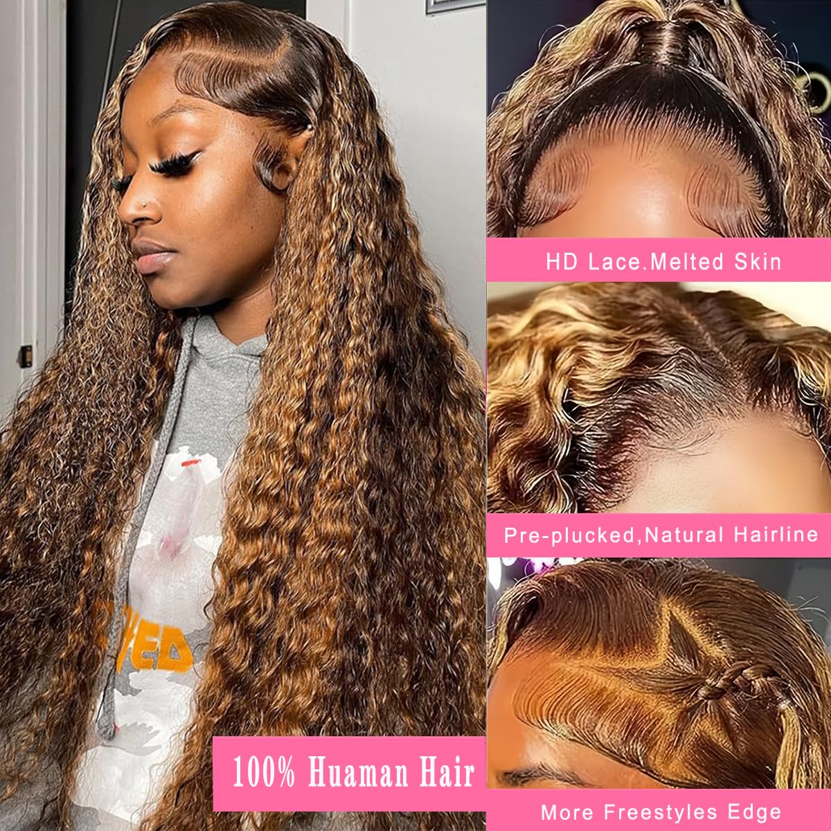 30 Inch Highlight Ombre Lace Front Wig Human Hair 4/27 Colored Honey Blonde Wig Human Hair 13x6 HD Lace Front Wigs Human Hair Deep Wave Curly Lace Frontal Human Hair Wig Pre Plucked with Baby Hair