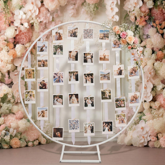 Colingmill 63 Inches White Photo Display Frame Board with Clips Metal Round Photo Display Stand Hanging Pictures Organizer Holder Picture Frame Board for Wedding Graduation Greeting Card