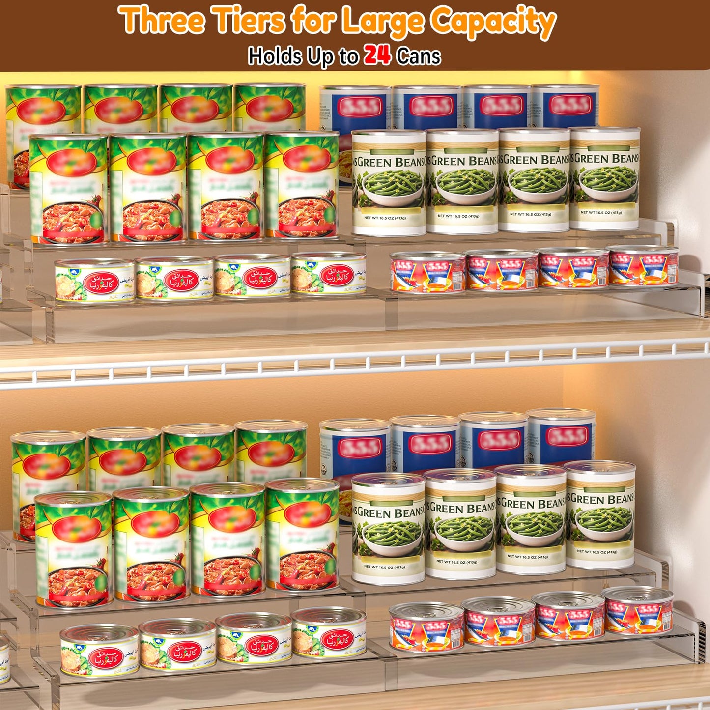 Yecuip Expandable Can Rack Organizer for Pantry, 3-Tier Adjustable Can Storage Holder, Holds Up to 24 Cans, Acrylic Canned Food Organizer for Pantry, Cabinet, Countertop, Kitchen