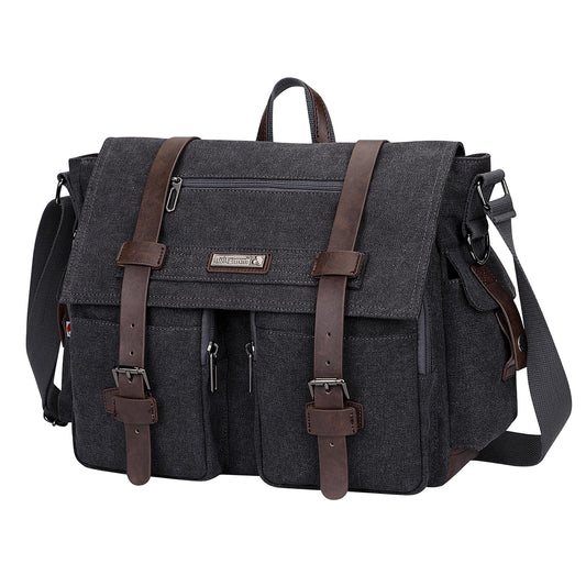 WITZMAN Vintage Canvas Messenger Bag for Men and Women Large Satchel Bags Crossbody Shoulder with 17 inch Laptop(A8008/2 Black)