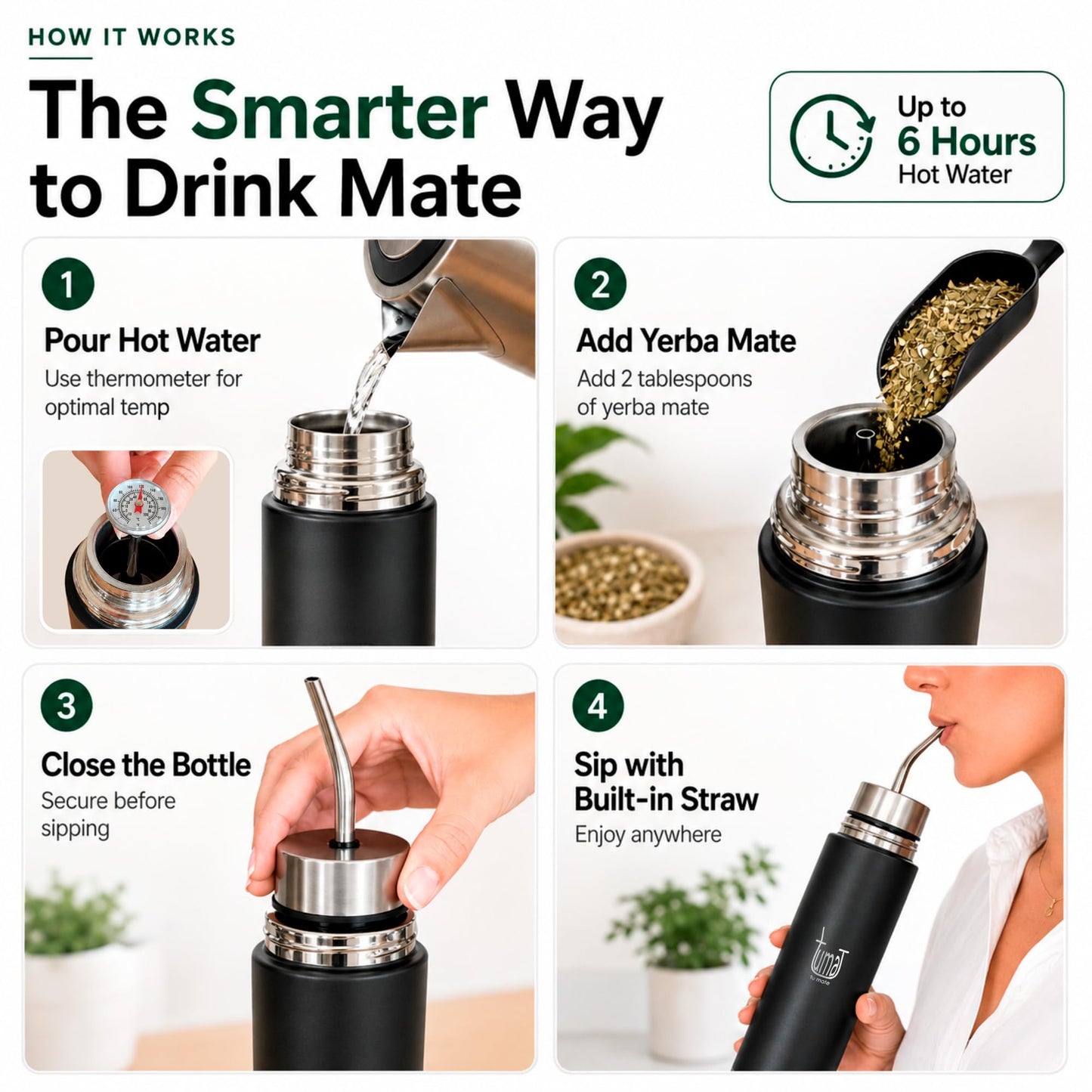 Tuma Tu Mate Automate - Self-Serving Yerba Mate Cup & Insulated Thermo Bottle with Spout, Mate Listo Fluvion Autocebante System, Stainless Steel Kit with Thermometer & Measuring Spoon, 750ml - 25.3oz