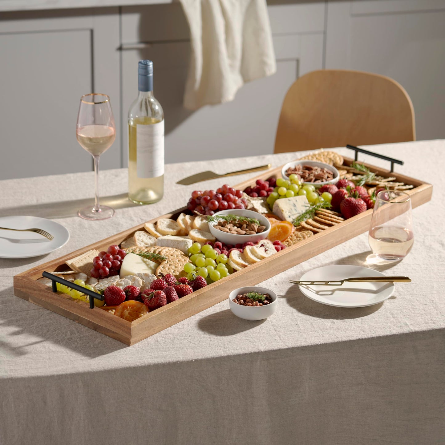 Twine Modern Manor Longboard Cheese Platter with Handles, Rectangular Cheese Board and Home Decor Tray, Dining Table Accessories Acacia Wood Set of 1