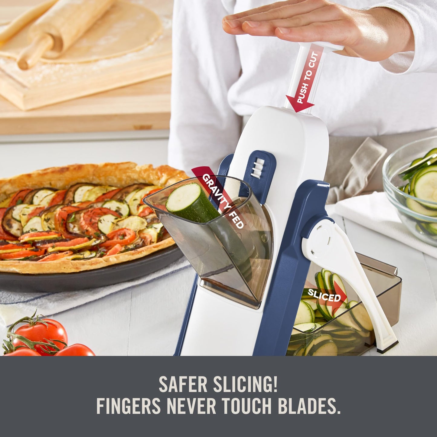 Zakarian by Dash Safe Slice® Mandoline - Features Thickness Adjuster, Stainless Steel Blades, and Foldable, Easy-To-Store Design - Zakarian Blue