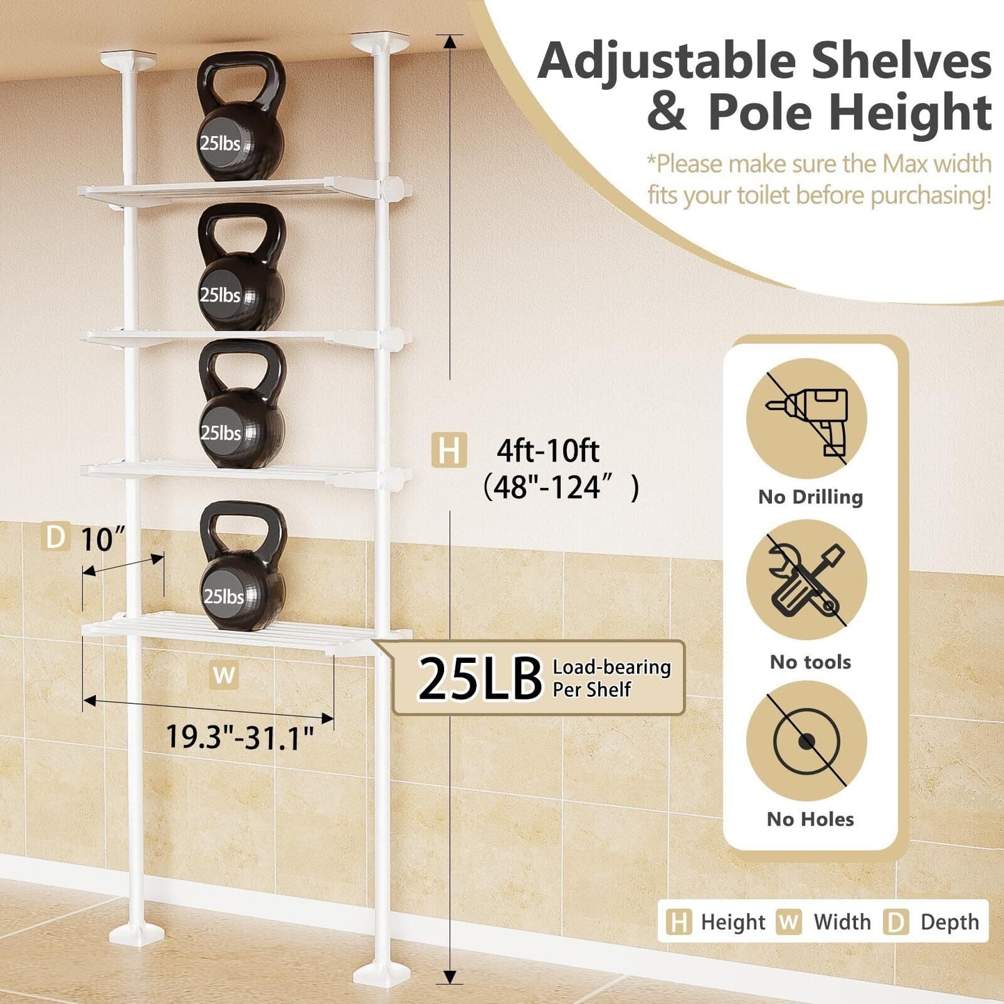 Bonpally Over The Toilet Storage Shelf, 4-Tier Adjustable Bathroom Organizer, No Drill Tension Mounted Shelves Metal, Space-Saving Bathroom Cabinet Rack Above Toilet for Small Bathroom Rooms, White