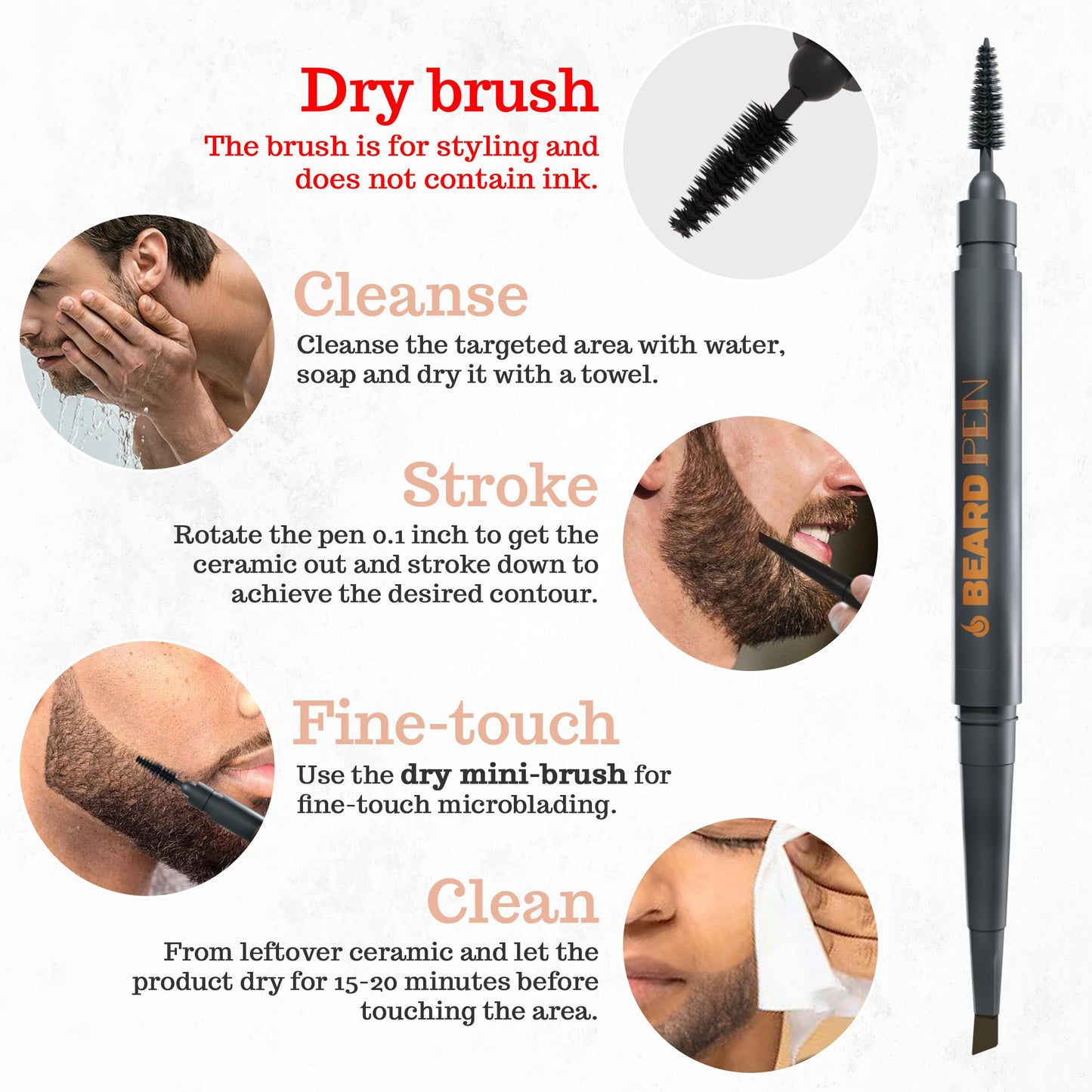 Beard Pen Filler for Men - Barber Styling Grooming Pencil - Waterproof, Sweat Proof, Long Lasting Solution with Natural Finish - Cover Beard and Scalp Patches in Seconds - Black 5 Pack