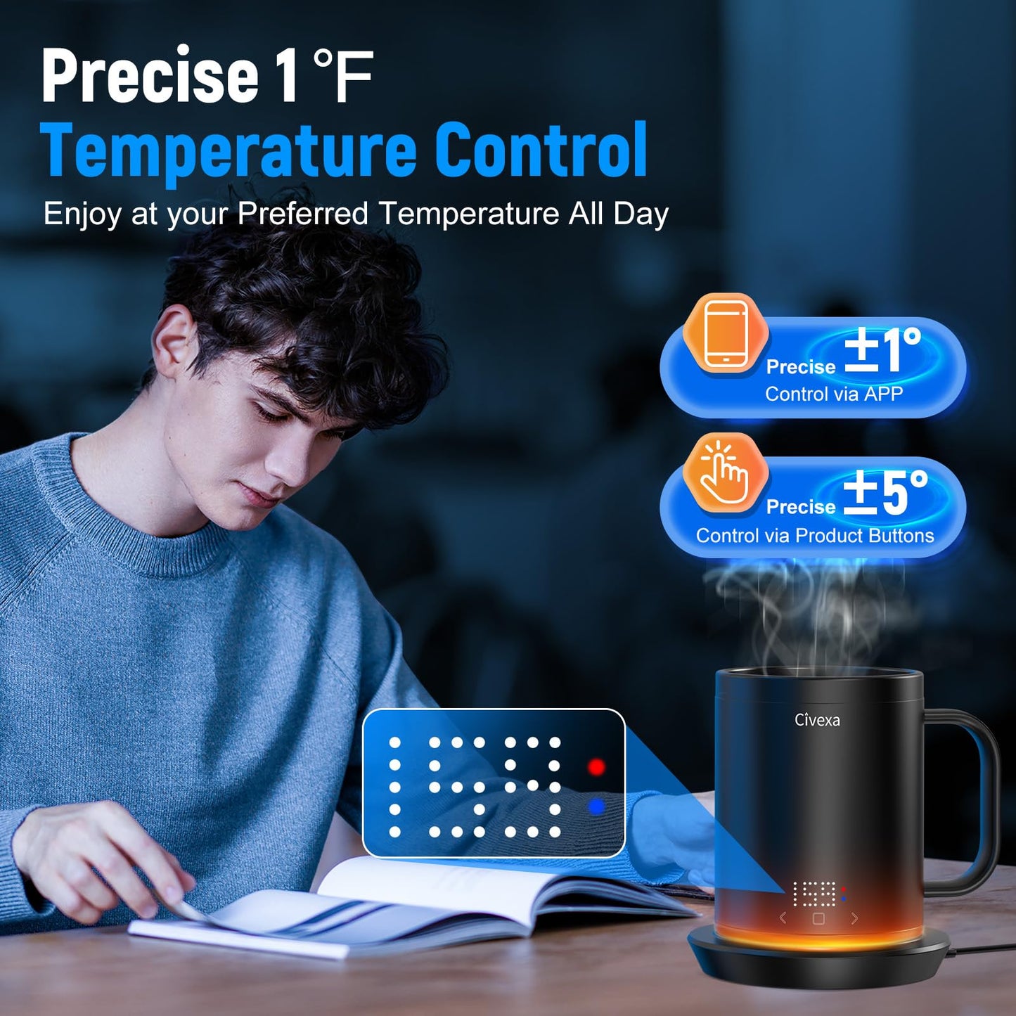 Civexa Rechargeable Self Heating Coffee Mug, Fast Heating & High Temperature, 14 Oz App-Controlled Heated Coffee Mug, 1F Precise Temperature Control Smart Mug Warmer for 150 Min Use