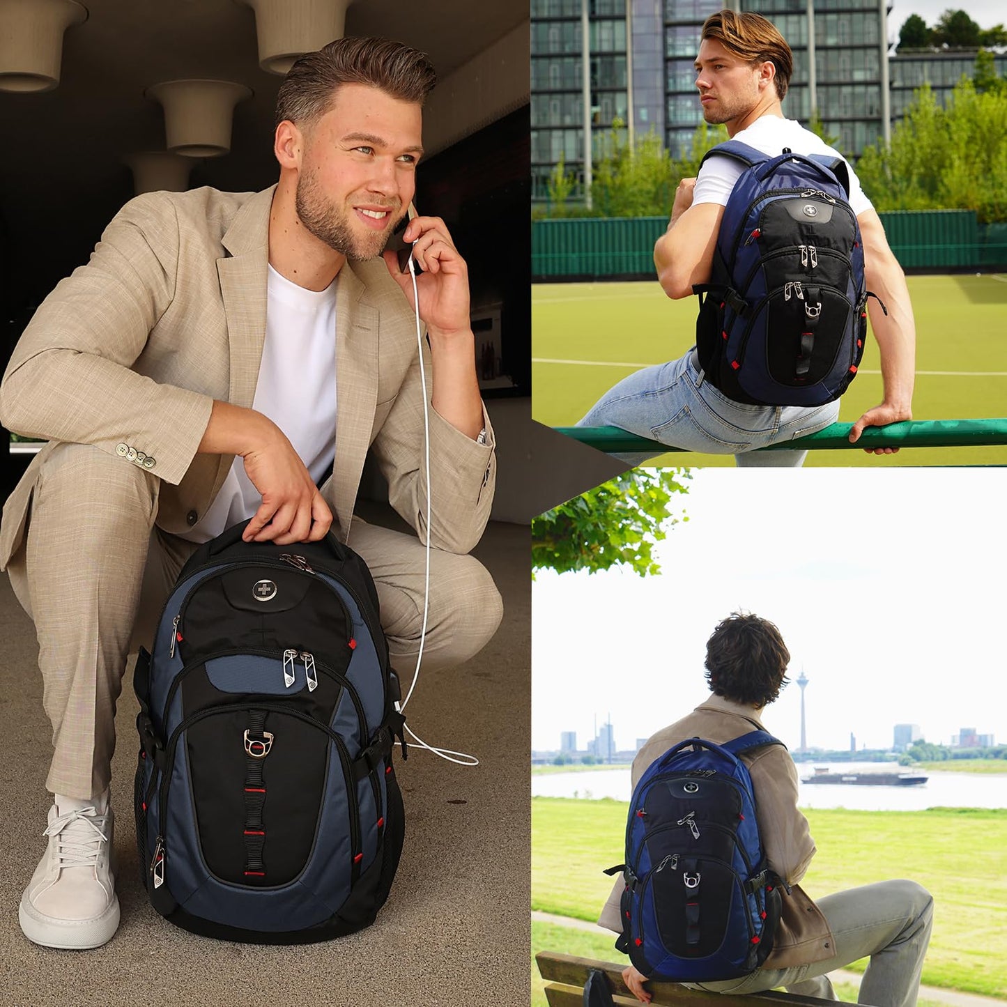 Swissdigital Design Large Business Laptop Backpack with Smart USB Charging Port, Travel Backpack Fits 15.6 inches laptops, Water Repellent College Backpack for Men Women (VECTOR SD803-12 Blue/Black)