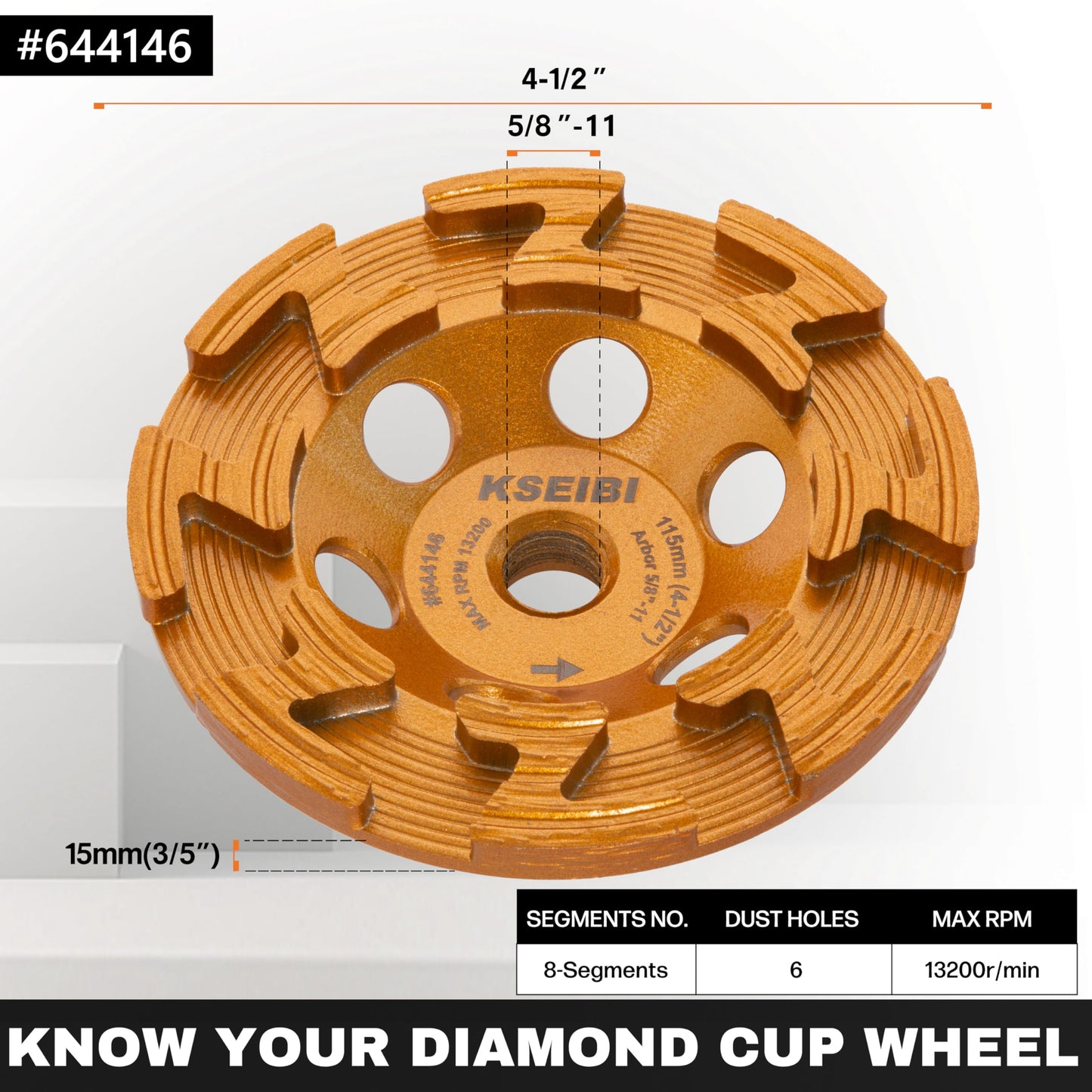 KSEIBI 644146 Surface Grinding Wheels 4-1/2 Inch - Diamond Cup Wheel for Concrete Tools, Angle Grinder Attachments, Extra Coarse Concrete Grinder with Z-Segment and Integrated Flange