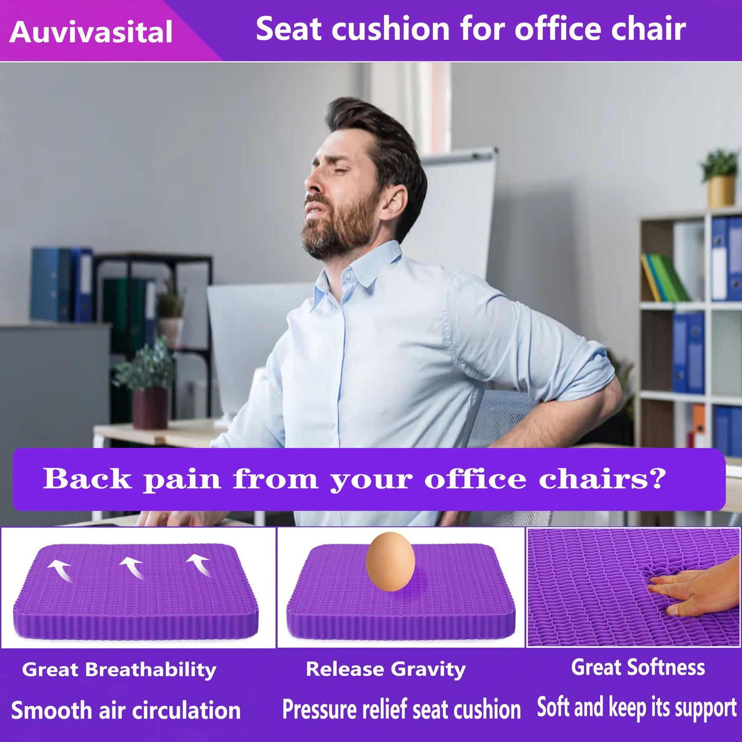 Innovative Gel Seat Cushion for Long Sitting, Large Cooling Supportive Seat Cushion for Back, Sciatica, Tailbone Pain Relief, Used for The Office, Wheelchair, Recliner, Car, Stadium, Kayak.(Púrpura)