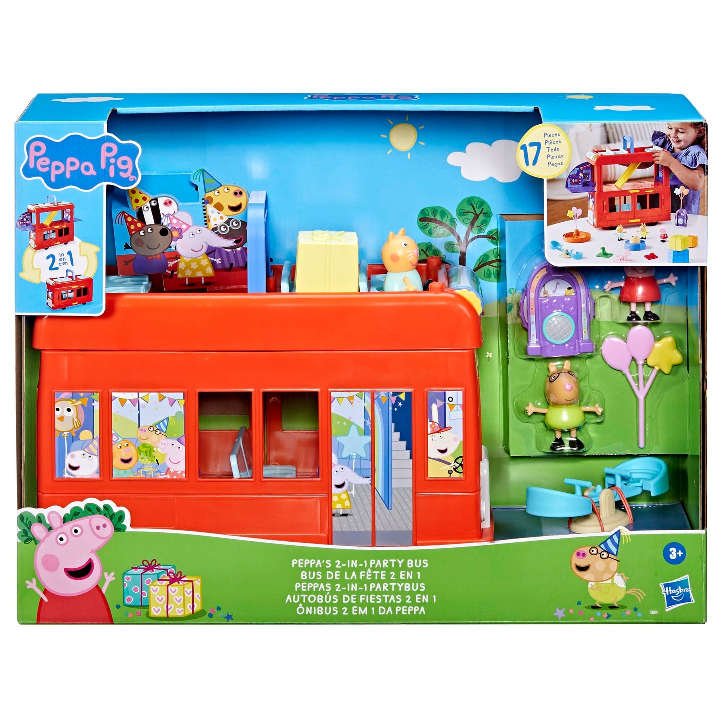 Peppa Pig 2-in-1 Party Bus Playset with 3 Figures and 13 Accessory Pieces, Preschool Toys for Girls and Boys, Kids Gifts, Ages 3+
