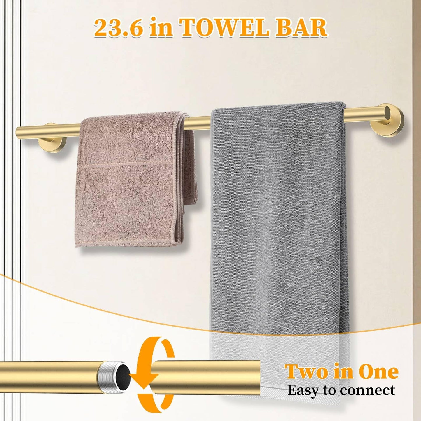 Brushed Gold Towel Bar Set 10 Pieces Round Bathroom Hardware Set Includes 23.6in Towel Bar Towel Ring Toilet Paper Holder Towel Hooks Stainless Steel Wall-Mounted Bathroom Towel Holder Set