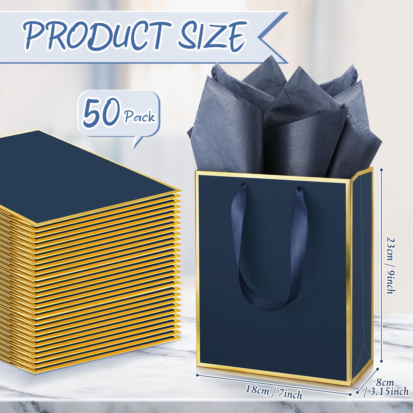 Yeaqee 50 Pack Metallic Gift Bags with Handle and Tissue Paper for Wedding Bridesmaid Groomsmen Baby Shower Holiday Thank You 5 Senses Gift Bag for Her Him Birthday 9 x 7 x 3. 15''(Navy Blue and Gold)