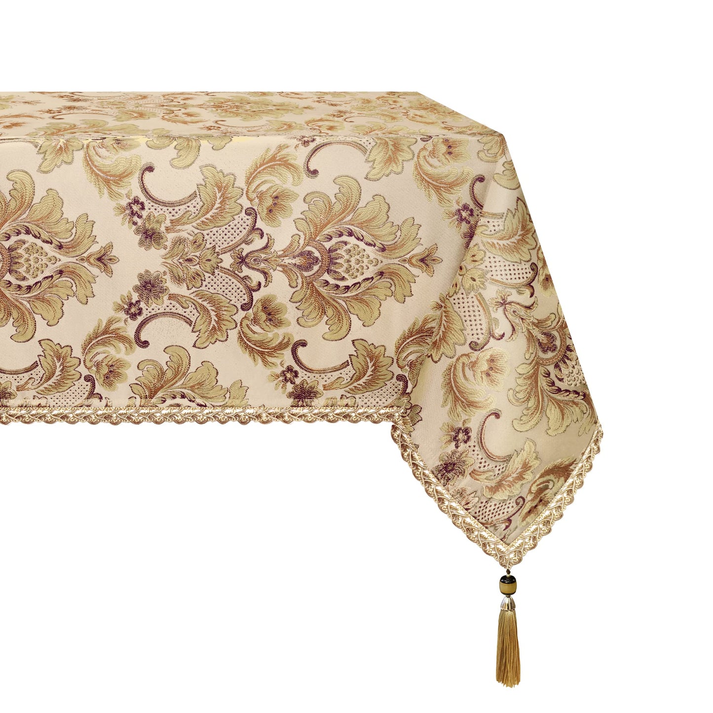 Loom and Mill Luxury Rectangle Tablecloth 60 x 120 Inches, Elegant Damask Golden Floral Waterproof Table Cover with Handmade Tassels for Dining Table Banquets Decorations(Beige, 60"x120")