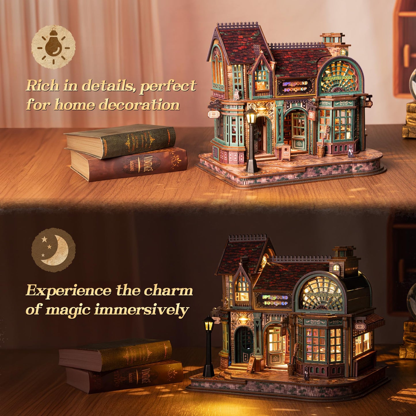 FUNPOLA 3D Wooden Puzzle Magic Bookstore with LED Lights - DIY Miniature Kit, Spellbound Bookshop, Home Décor Display, Creative Gift for Adults and Teens
