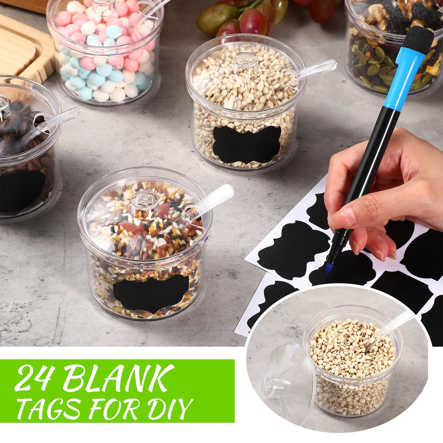 Tioncy 12 Pcs Ice Cream Bar Supplies Sugar Bowls with Lid and Spoon Acrylic Candy Dispenser Party Bar Sundae Caramel Apple Dipping Container with Tag (13.5 oz,Clear)