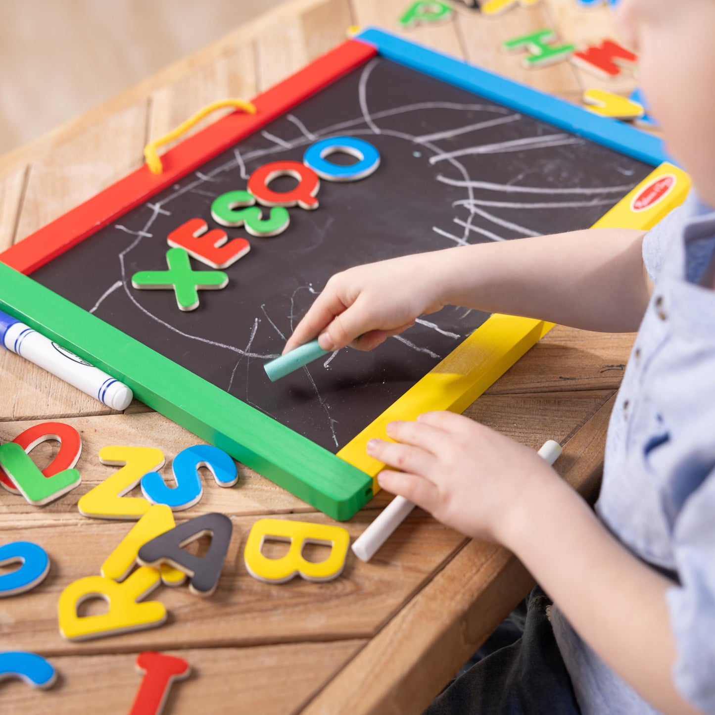 Melissa & Doug Magnetic Chalkboard and Dry-Erase Board with 36 Magnets (Numbers and Uppercase Letters), Chalk, Eraser, and Dry-Erase PenLetters and Numbers Learning Toys, Chalk Board