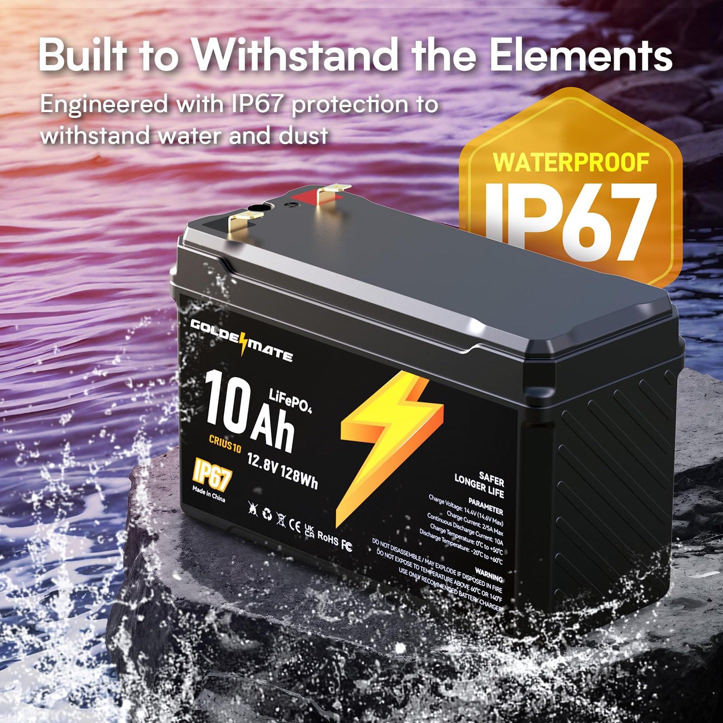GOLDENMATE 12V 10Ah LiFePO4 Lithium Battery(2 Packs), 5000+ Deep Cycles, IP67 Waterproof Lithium Iron Phosphate Battery, Built-in BMS, Ideal for Power Wheels, Solar, Marine, Fish Finder, Ride-on Toy
