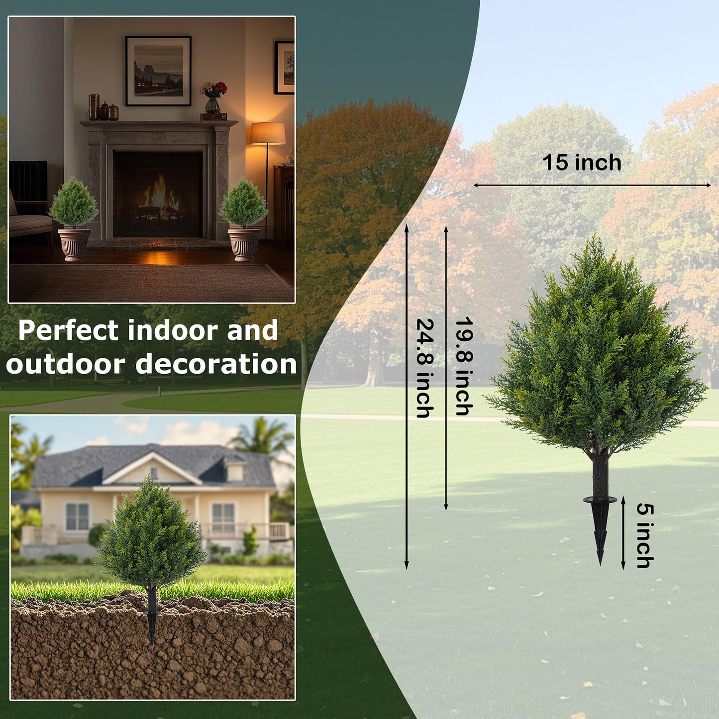 24.8" Artificial Cedar Topiary Ball Trees with Ground Spike, Set of 2 Faux Cypress Plants UV Resistant Artificial Pine Shrubs Fake Bushes for Outdoor Indoor Front Porch Garden