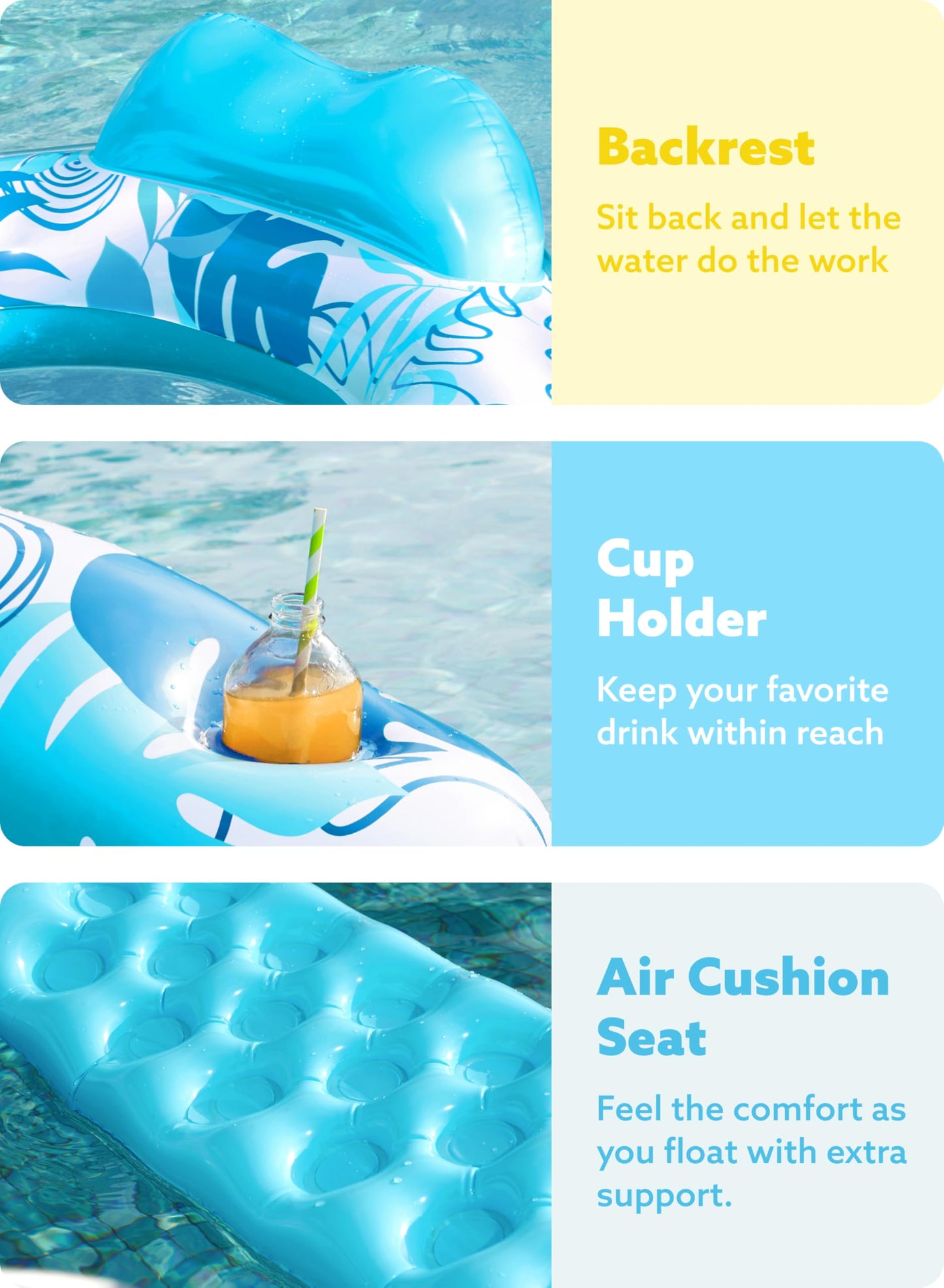 SLOOSH Inflatable Pool Floats Adult, 4 Pack Pool Chairs with Cup Holders,Blow up Floats Chair,Hammock Noodle Mat Leaves Design for Summer Water Fun Swimming Party Beach,Blue, Cyan, Pink, Champagne