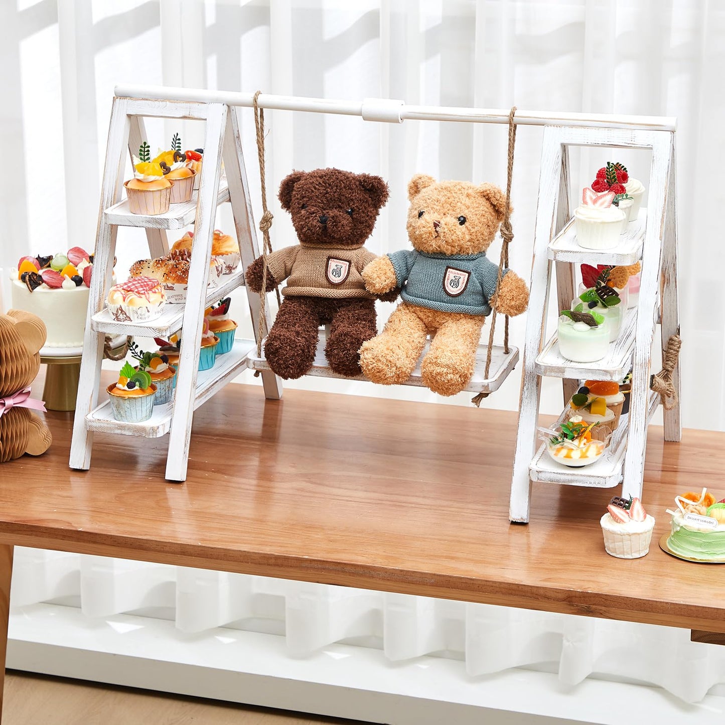 Wooden 3 Tier Swing Cupcake Stand with Serving Platter 20x30 Foldable Ladder Stand Dessert Display Cake Snack Fruit Bread Centerpieces for Party, Birthday, Wedding, Baby Shower(Rustic White)