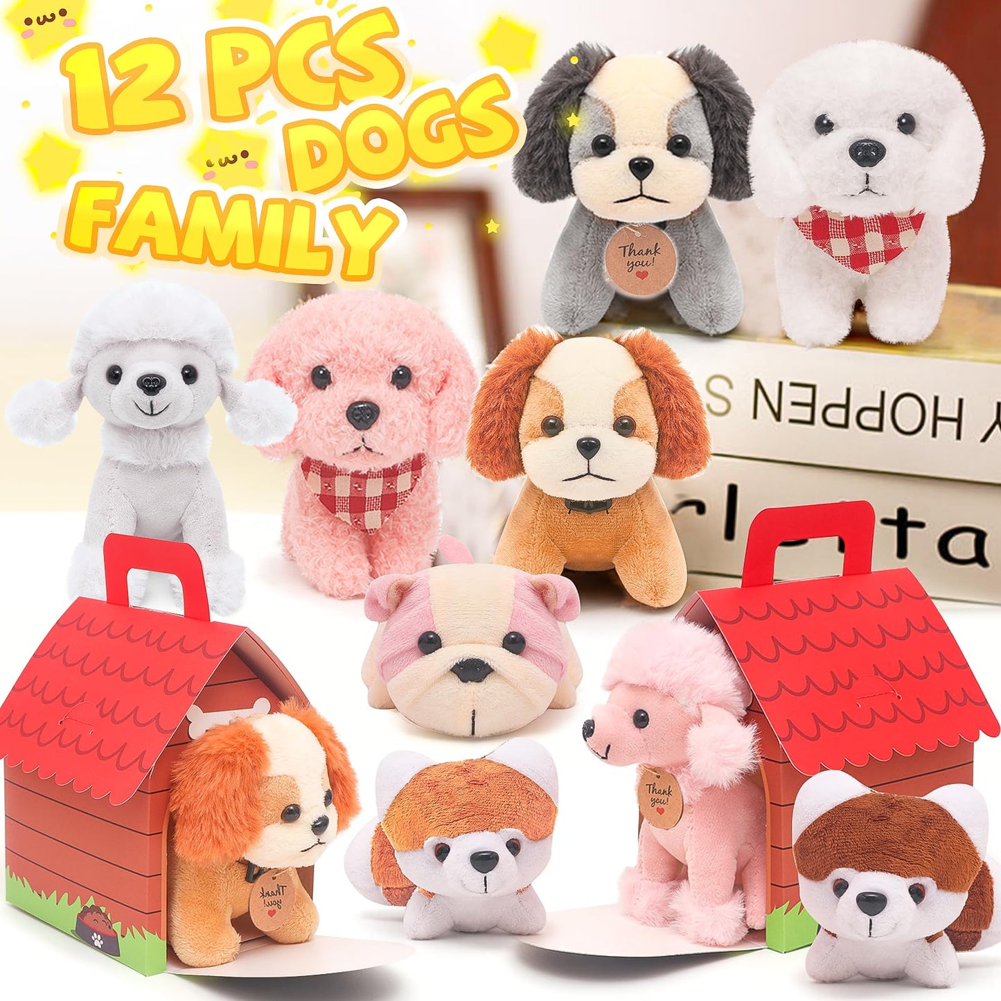 HAPGFS 12 Pcs Mini Plush Puppy Set, Dog Party Favors with Keychain Gift Toys with Carton Dog House, Kids Baby Show Birthday Christmas Party