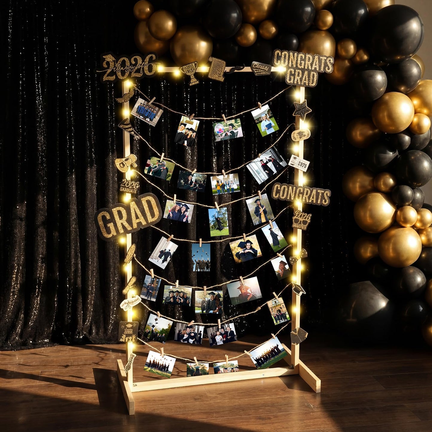 Colingmill 47 Inch Wooden Graduation Picture Display Frames Board Graduation Decorations Class of 2026 Standing Collage Picture Frame with String Light 30 Metal Clips for Grad Photo Party Decor