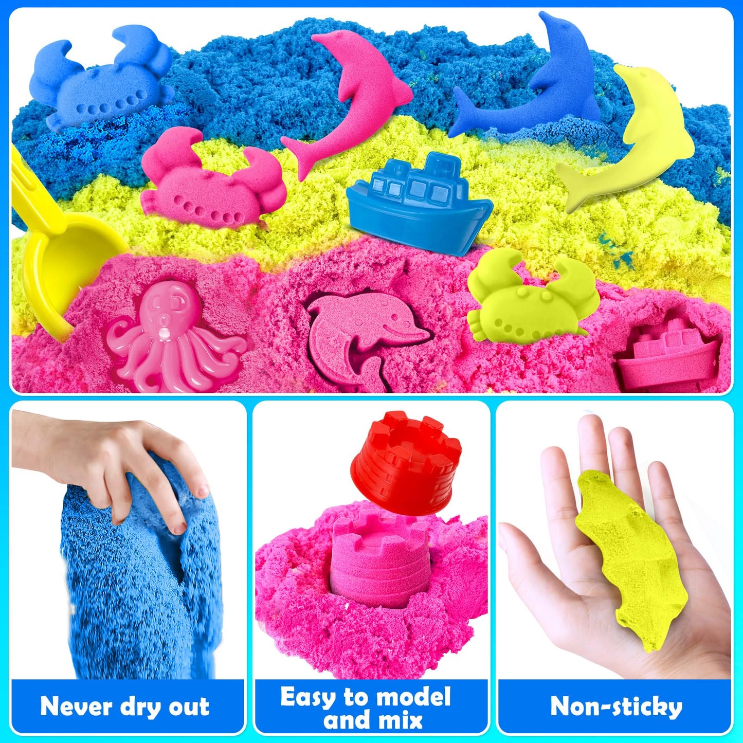 Sensory Bin - 52 PCS Play Sand Kit with 3lbs Magical Sand, Beach Toys Castle Molds Sand Molds, Sensory Toy Sandbox, Kids Gifts for Girls and Boys