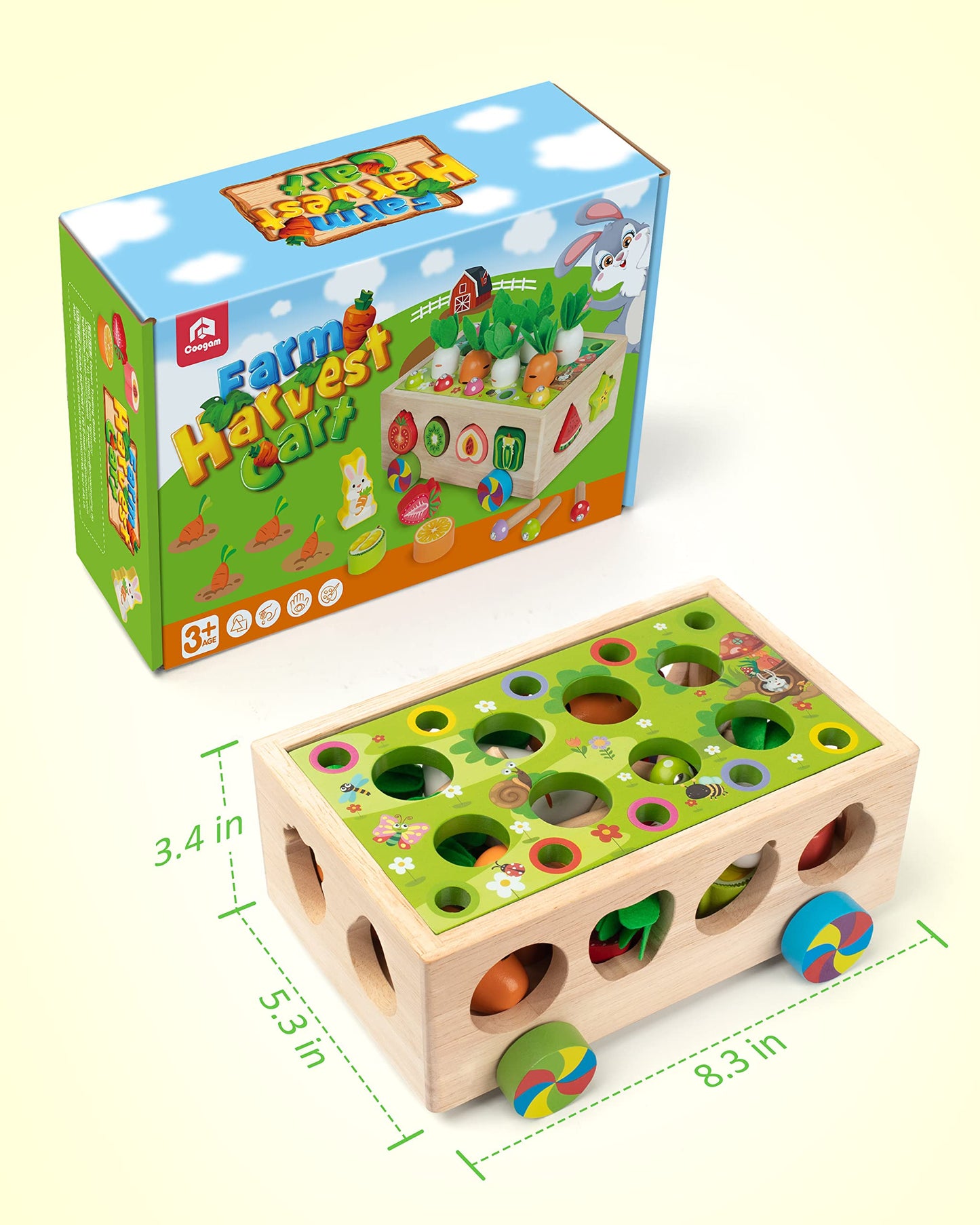 Coogam Montessori Fine Motor Toys for Baby Toddler, Wooden Shape Sorter Carrot Harvest Game, Preschool Learning Educational Gift Toy for Kids