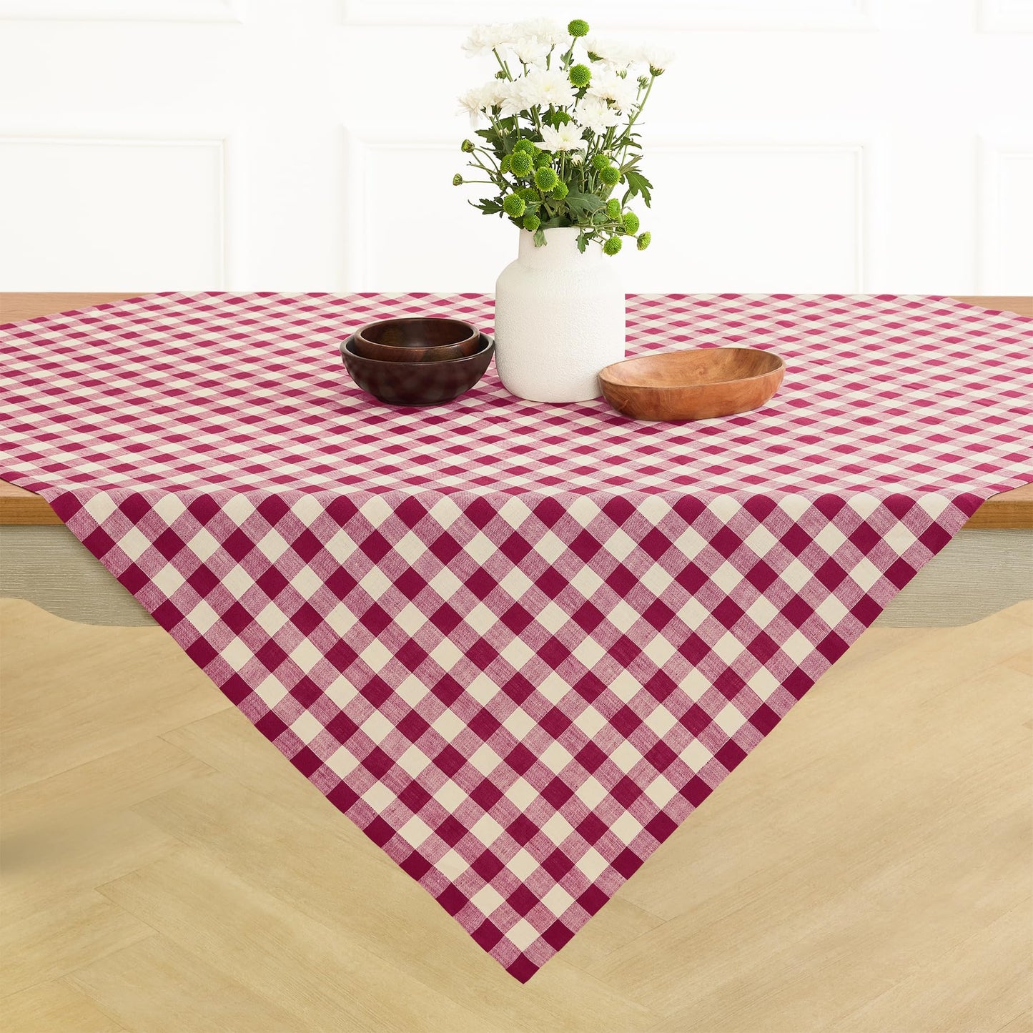 Solino Home Linen Tablecloth 52 x 52 Inch - 100% Pure Linen Beet and Cream Square Table Throw - Morgan Check, Machine Washable Table Cloth for Winter, Valentines, Spring