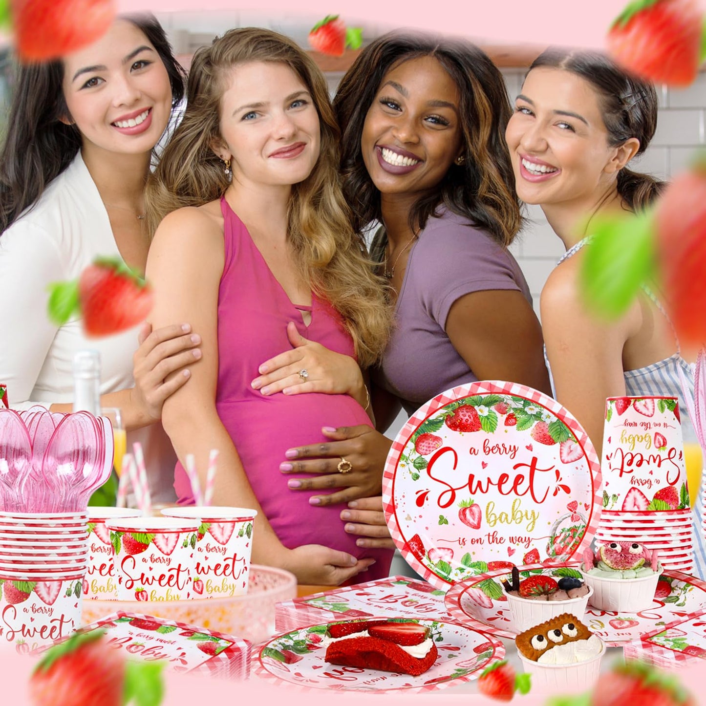 350 Strawberry Baby Shower Decorations for 50 Guests A Berry Sweet Baby is On The Way Party Supplies for Girls Disposable Dinnerware Set Paper Plates Napkins Cups