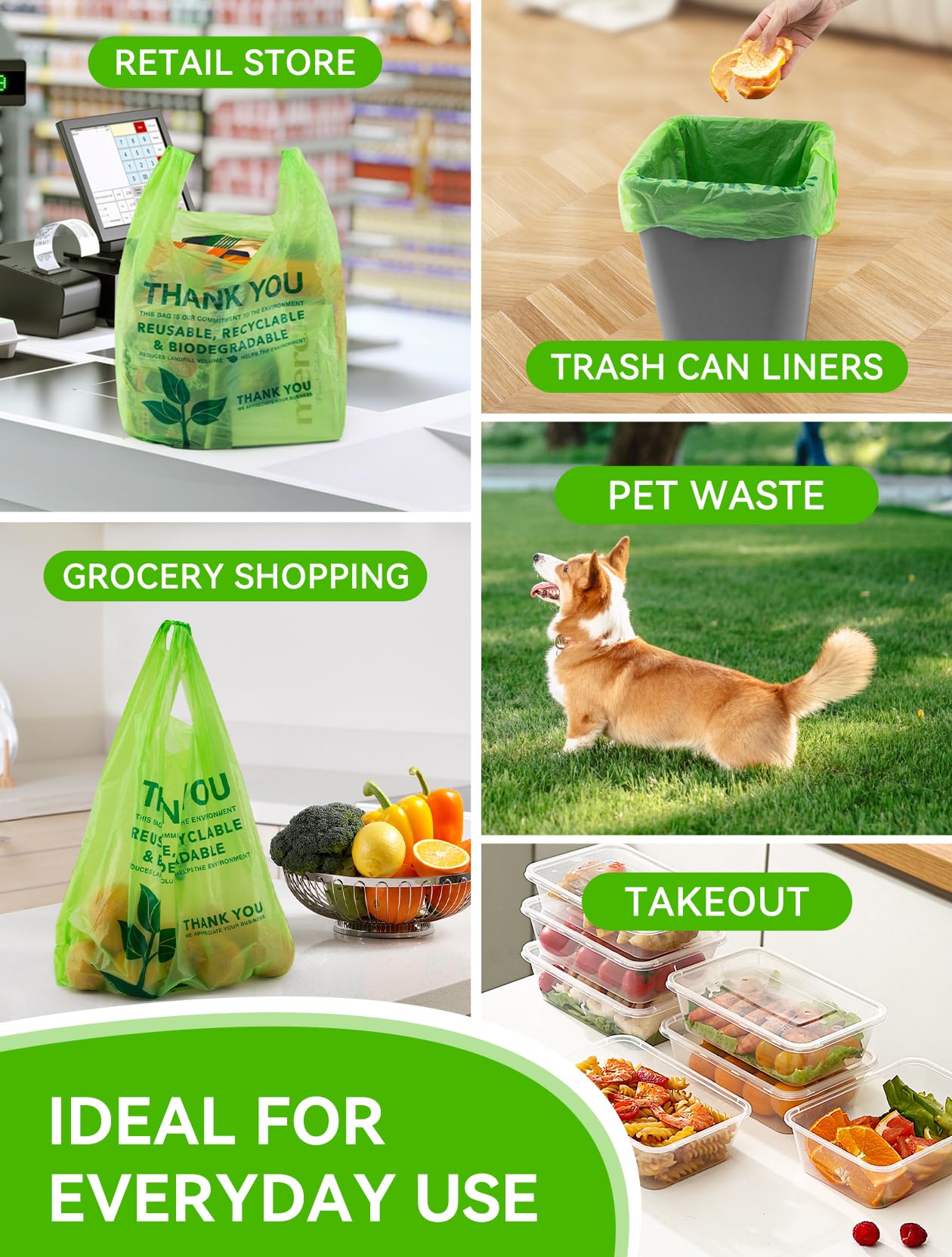 UMT Plastar 500 Count Recyclable Compostable 100% Biodegradable T-Shirt Bags, Eco-Friendly Grocery Shopping Bags, 11.5" x 6.25" x 21", 16 Mic