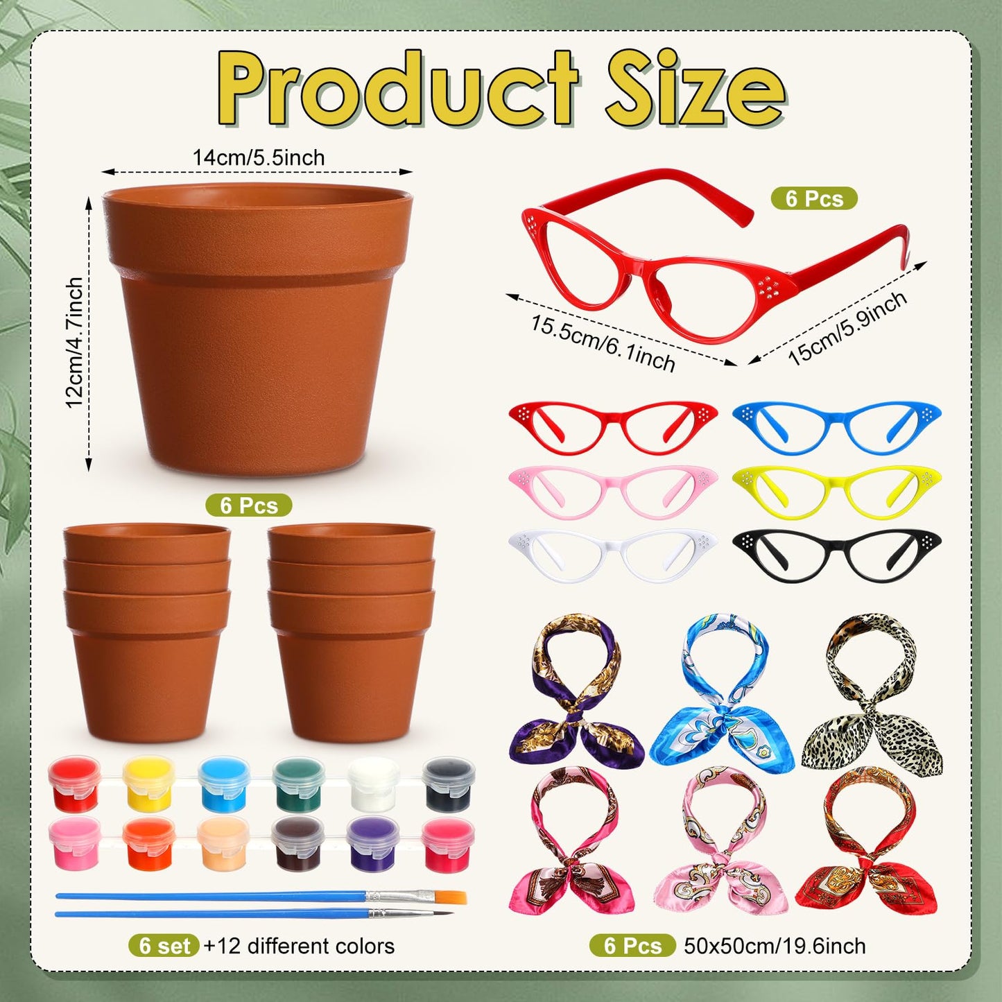 Sliner 6 Set Funny Flower Pot Kit Cute Flower Growing Making Kit Soul Sister Face Head Planter Set Include 5.5" Plastic Plant Pots Glasses Silk Scarf Acrylic Paint for Art Painting DIY Crafts