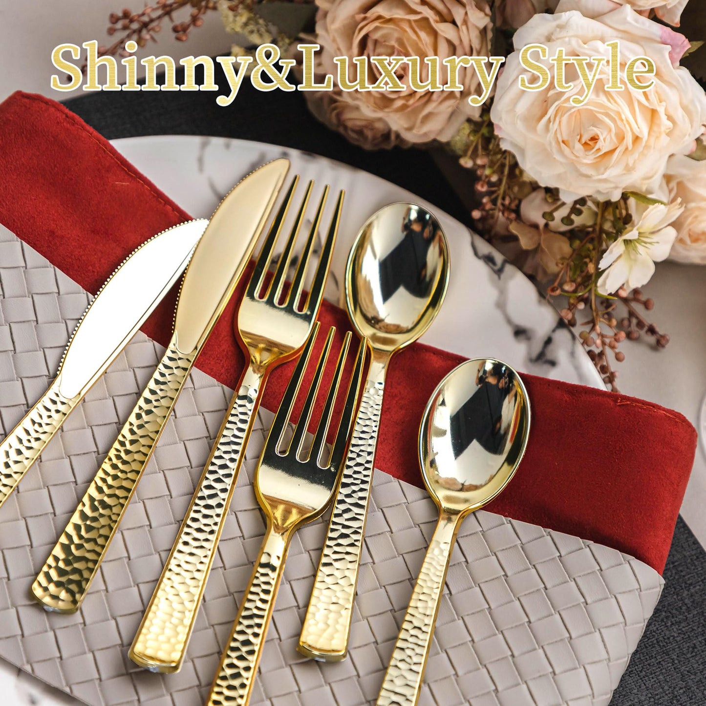 Pryntono 360PCS Gold Plastic Silverware, Heavy Duty Plastic Cutlery Set, Disposable Utensils, 120 Forks, 120 Spoons and 120 Knives for Party, Wedding and Events