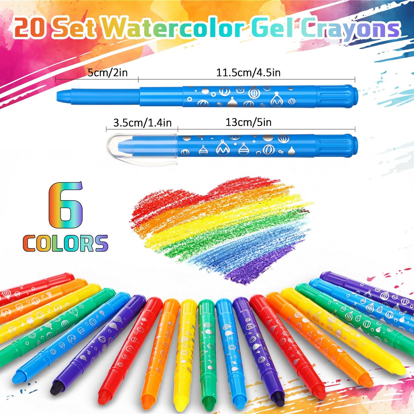 Lewtemi 120 Pcs Gel Crayons 6 Watercolor Rainbow Crayons Twistable Art Drawing Painting Supplies for Paper, Glass, Mirrors and Windows