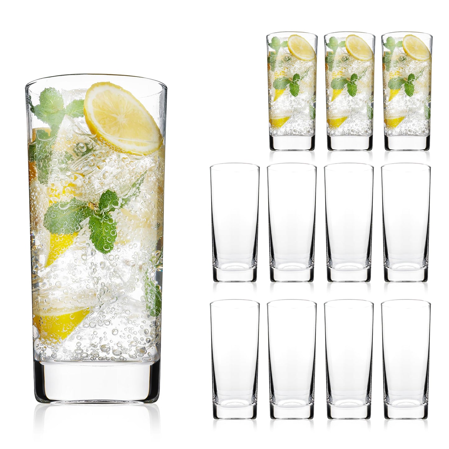 OUWO Highball Glasses Set of 12, 13oz Tall Drinking Glasses, Water Glass for Kitchen, Tom Collins Glasses, Mojito Glass Cups, Cocktail Glasses for Bar Glassware