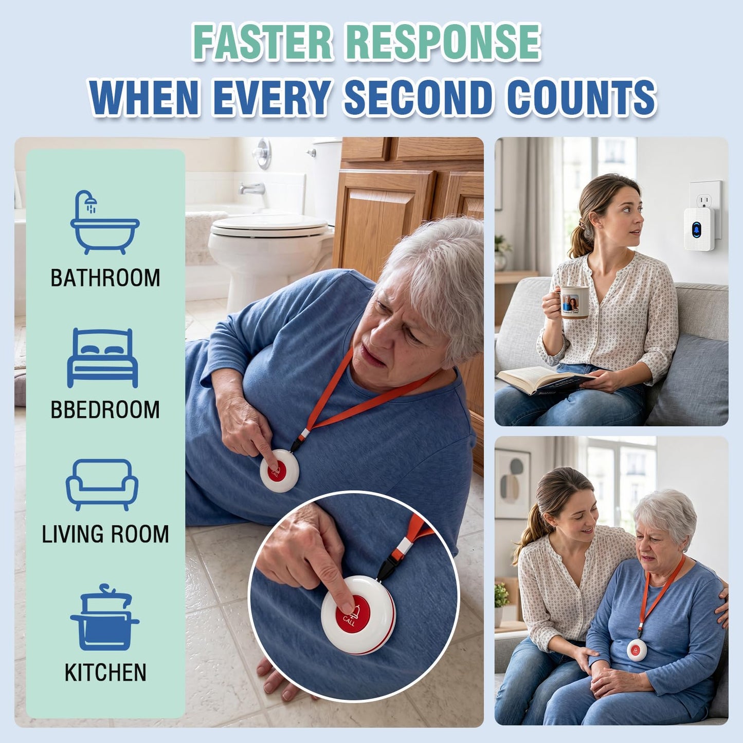 Daytech Wireless Wrist Pager Caregiver Call Button in Home System Watch Alarm Nurse Personal Help Alert for Patients Elderly 1 Watch Call Button 2 plugin Receiver