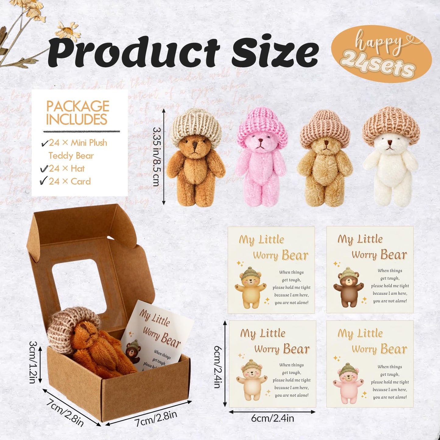24 Sets Mini Worry Bear Plush in Box Little Worry Bears Bulk with a Hat Handmade Soft Pocket Teddy Bears with Encouragement Card Stress Relief Toys Party Gift for Backpack, Friend, Coworkers