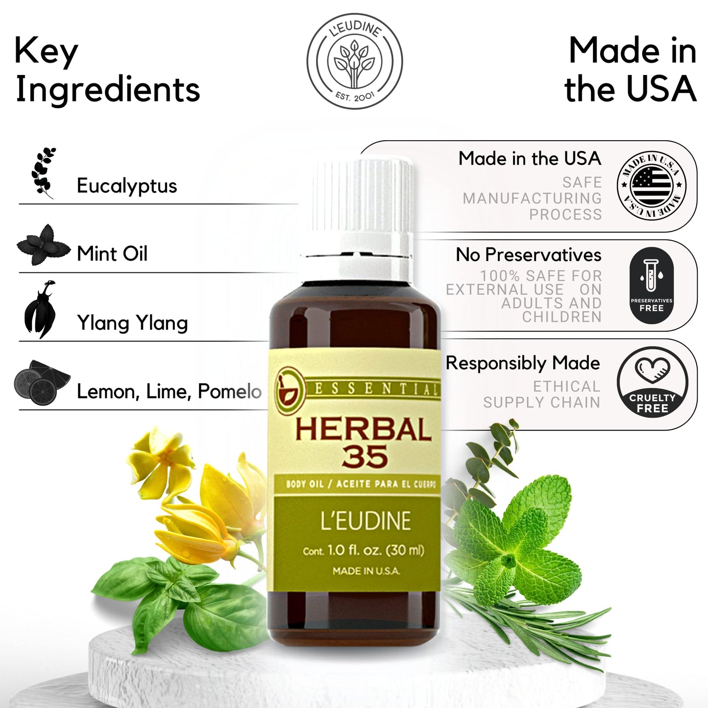 L’EUDINE Herbal 35 Essential Oil – Pack of 3 – 1fl oz Aromatherapy Oils – Eucalyptus and Mint Oil – Promotes Optimal Blood Circulation – Soothing and Calming Effect