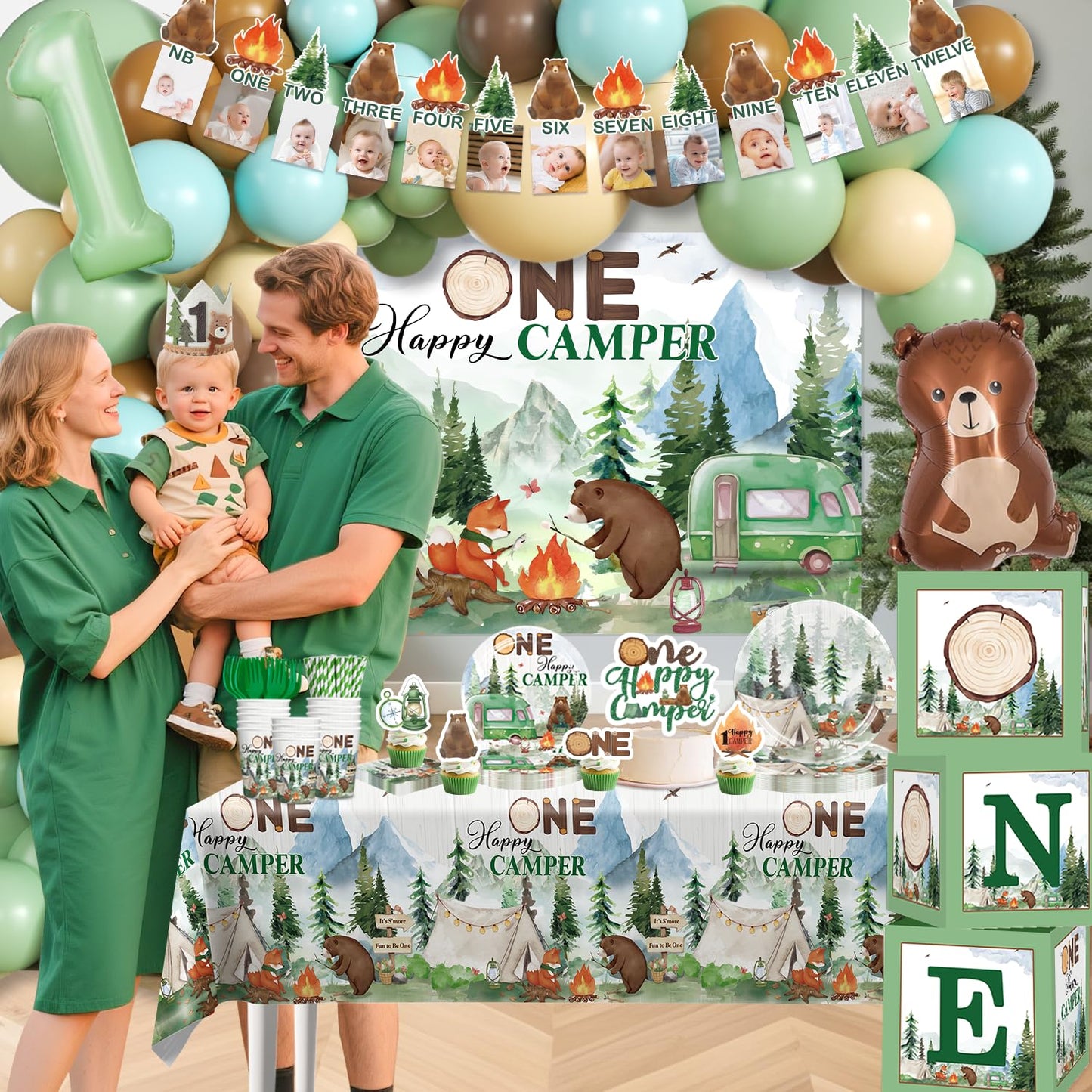 Cocomigo 248pcs Camper Birthday Decorations, All-in-One Camper Theme Party Pack with 20 Plates, Backdrop Tablecloth Balloon Arch for First Birthday Decorations for Boy, Serves 20 Guests