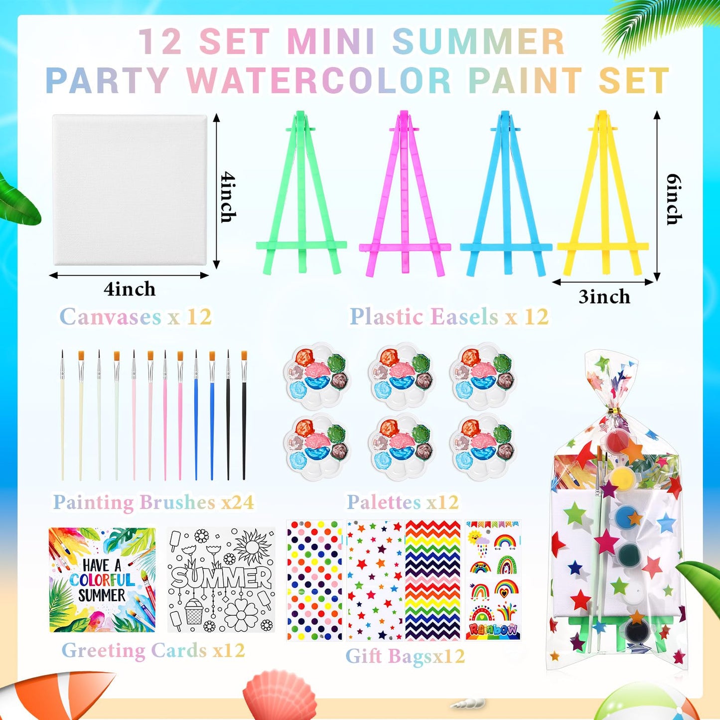 AmazingSpark 12 Set Mini Summer Party Watercolor Paint Set Mini Canvas Acrylic Painting Kit with Cards, Plastic Easel, Canvases, Paint Kit Art Party Favors Classroom Prize School Year Gifts