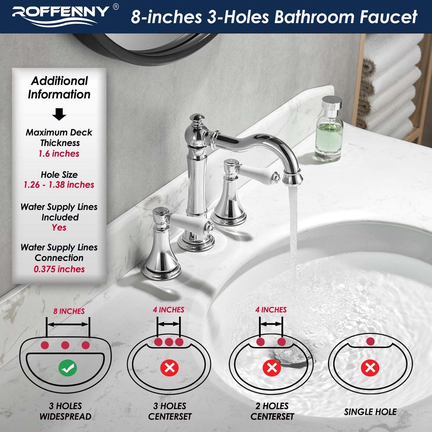 Roffenny Porcelain 2-Handle Chrome Bathroom Faucets 8 inch Widespread for 3 Holes with Plastic Pop-Up Drain & 2Pcs Water Supply Lines, Classic Chrome Bathroom Vanity Sink Faucet, Brass Swivel Spout