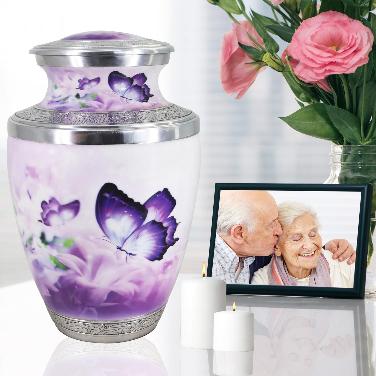 M MEILINXU Urn for Ashes for Woman & Men, Cremation Urns for Human Ashes Adult Female and Male, Burial Urn with Butterflies, Decorative Urns for Funeral, Purple Butterfly and Flowers - Large