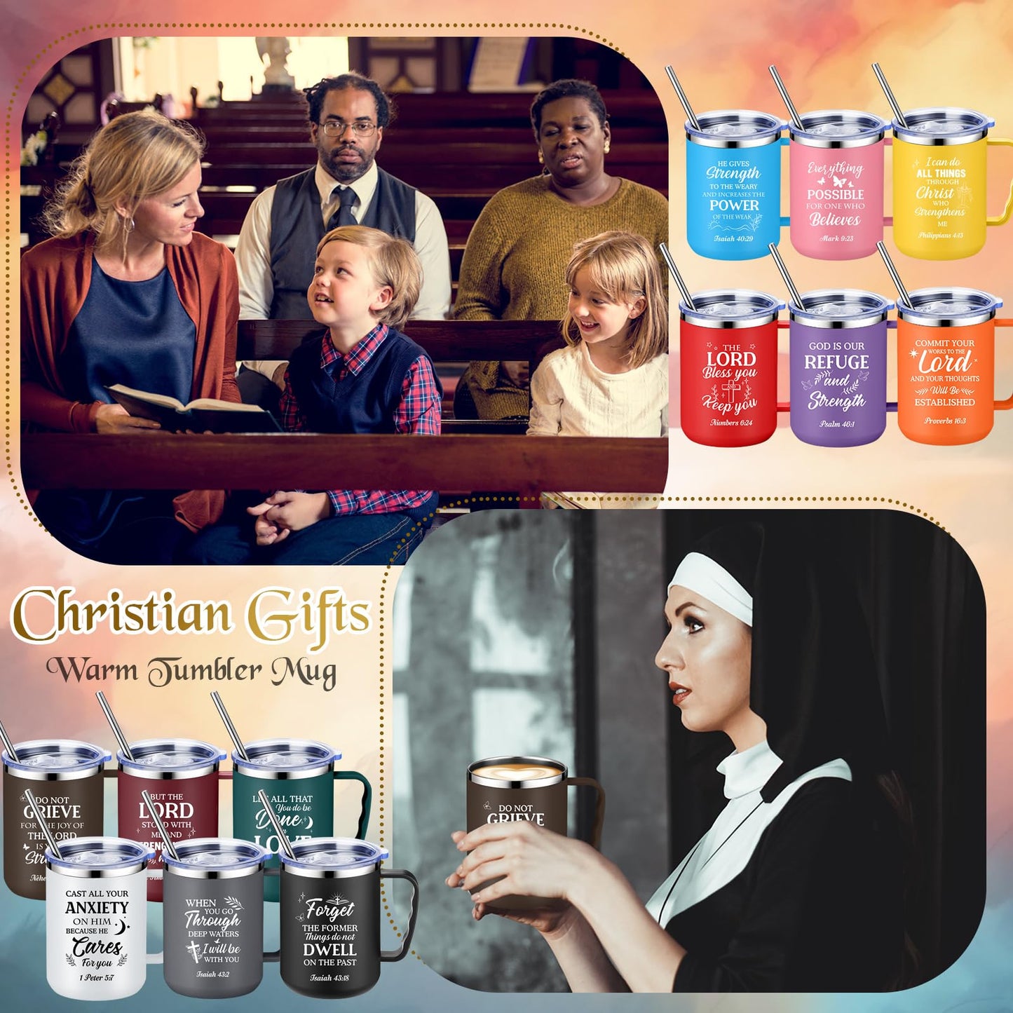 Nitial 12 Pcs 17 oz Christian Coffee Mugs with Lid and Straw Religious Bible Verse Christian Gifts Insulated Inspirational Bible Affirmations Tumbler for Friend Men Women Church Favor (Colorful)