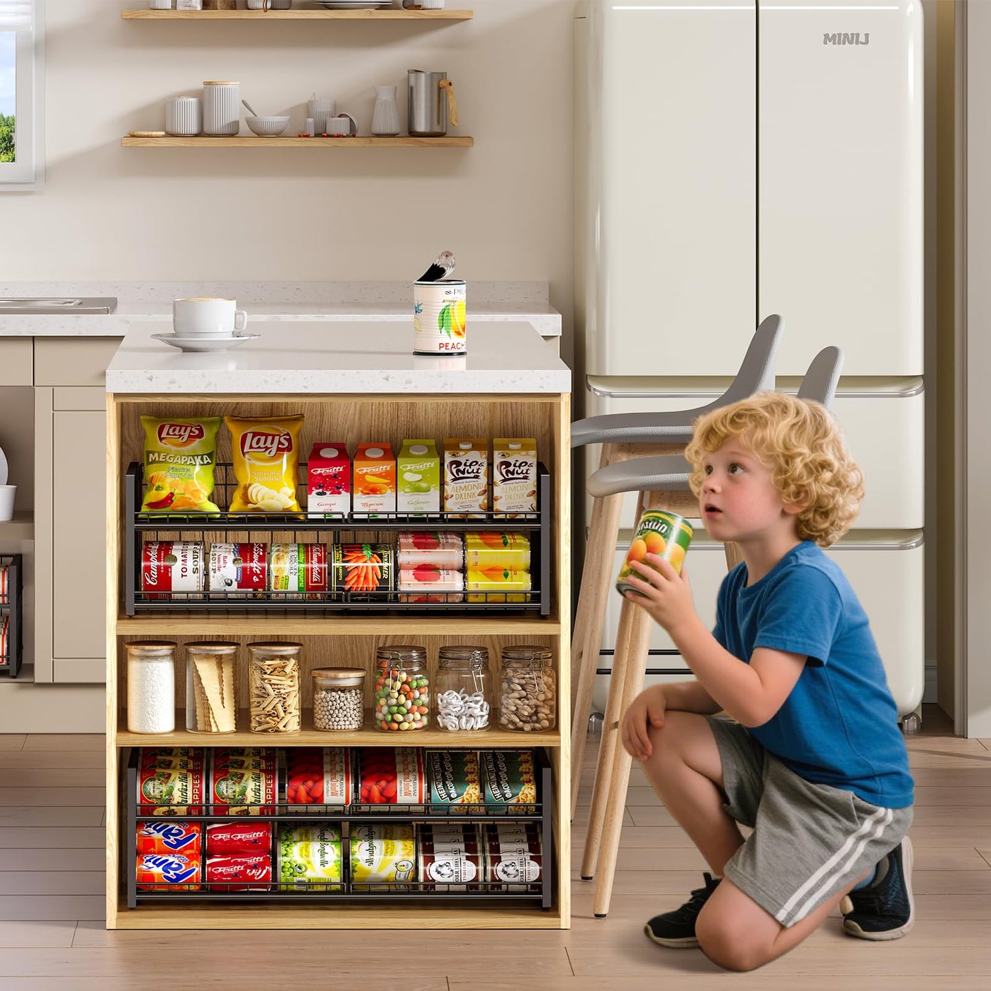 2-Pack Stackable Can Organizer for Pantry Shelf, Adjustable Extra-Long Rolling Can Rack for Kitchen Cupboard Storage, Sturdy Standing Can Holder for Canned Food Goods Soda up to 100, 2 Tier, Black
