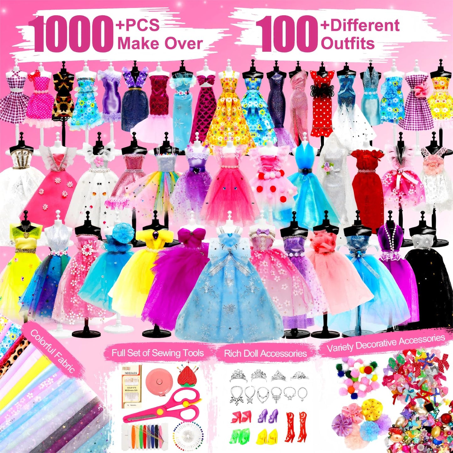 Axirata 1000+PCS Fashion Design Kit for Girls Creativity DIY Arts & Crafts Kit for Kids with 4 Mannequins, Fashion Designer Sketchbook, Sewing Kit for Teen Girls Birthday Gift Age 6 7 8 9 10 11 12+