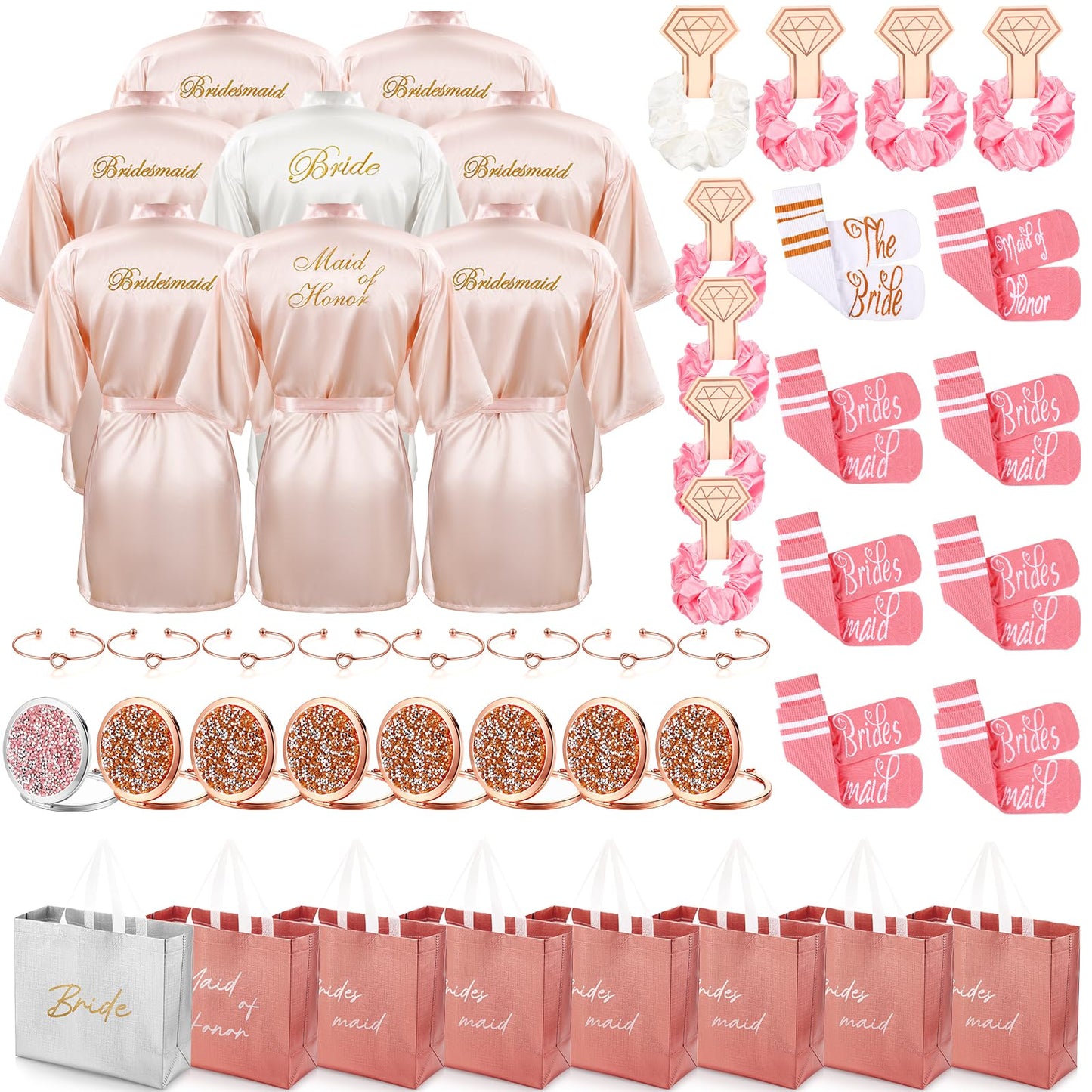 Toulite 48 Pcs Bridesmaid Robe Sets Silk Satin Bride Party Robes with Bachelorette Gift Handbags Knot Bracelets Hair Ties Rhinestone Mirrors and Socks for Bridesmaid Wedding Bachelorette Party