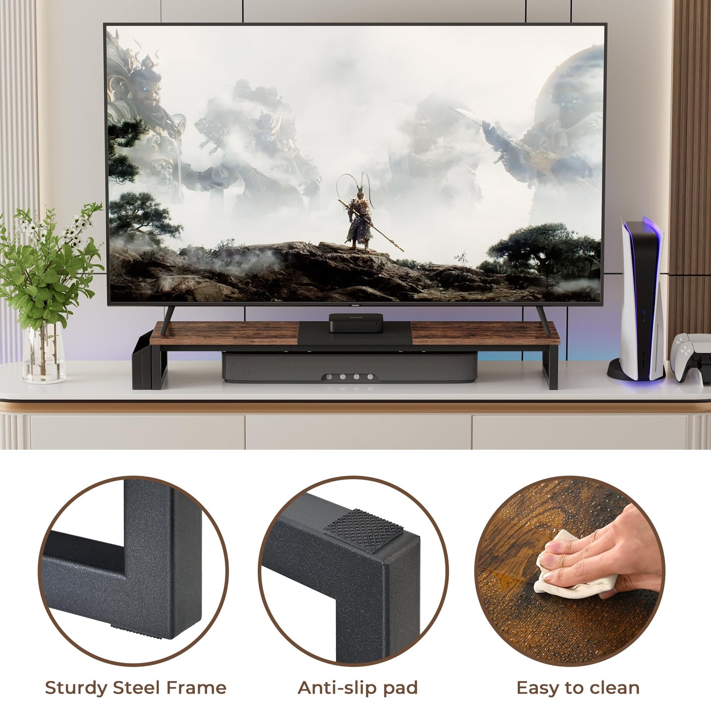 LAND·VOI Dual Monitor Stand Riser,41.5'' Long Monitor Stand for 2 Monitors, Wood Computer Riser with Pocket, Desktop Oraganizer with Pen Holder, Monitor Riser for Desk Computer,Laptop,TV, Rustic Brown