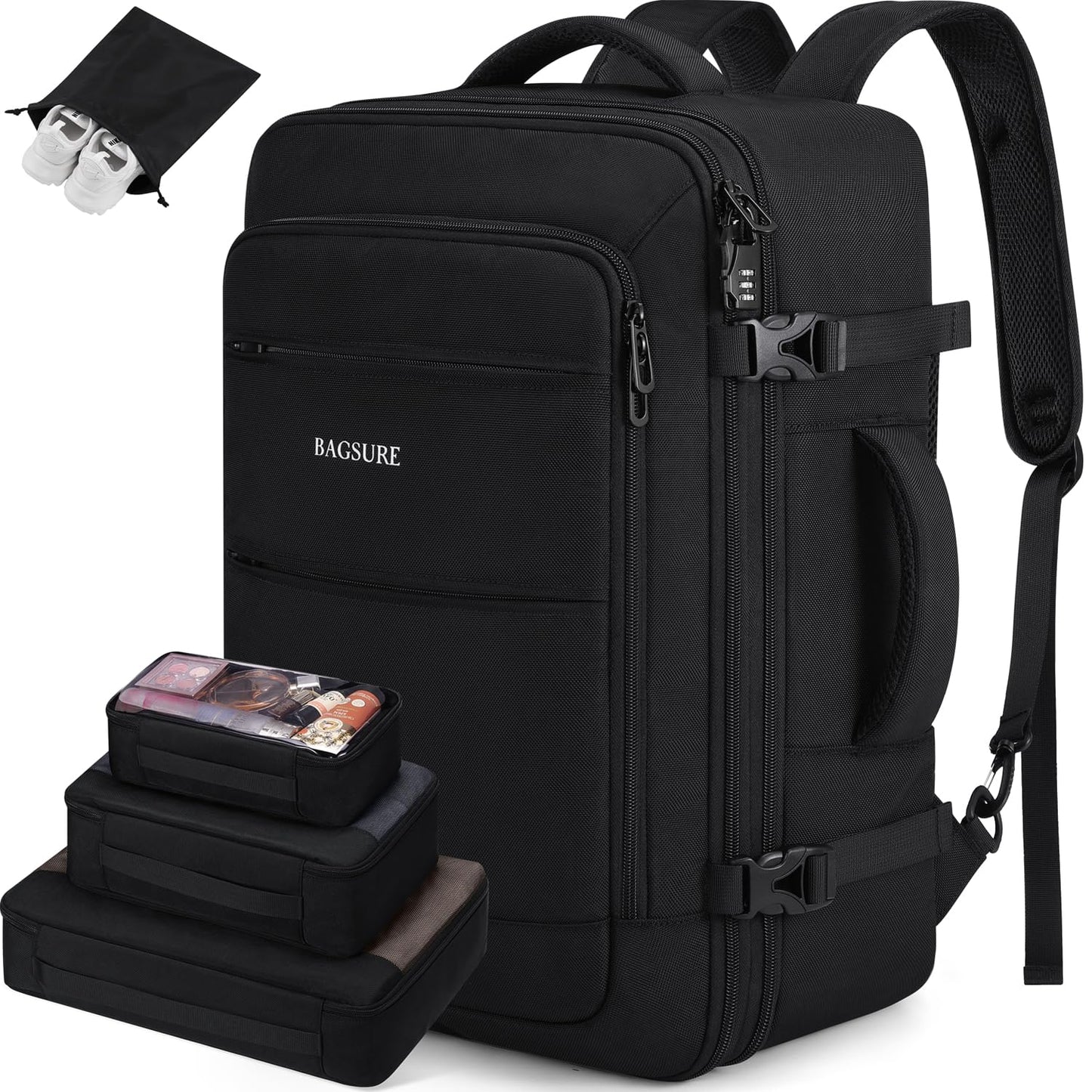 Bagsure Travel Backpack Carry On Backpack 42L Flight Approved, Expandable Laptop Backpack with Packing Cubes & Shoe Pocket, Water Resistant Luggage Backpack for Men Women, Large Backpack 20 * 14 * 7"
